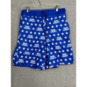 Bud Light Swim Trunks Mens Medium Blue All Over Print Mesh Lining Pockets Casual